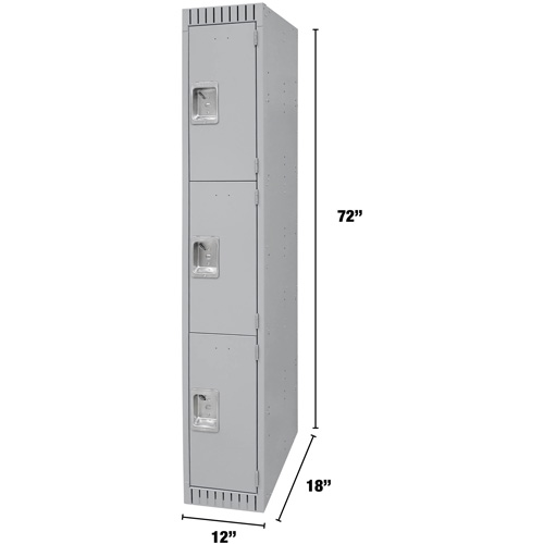 Lockers, 3 -tier, 12" x 18" x 72", Steel, Grey, Knocked Down Distribution Jean Lapalme