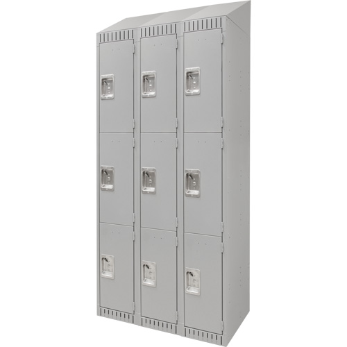 Lockers, 3 -tier, Bank of 3, 36" x 18" x 82", Steel, Grey, Knocked Down Distribution Jean Lapalme