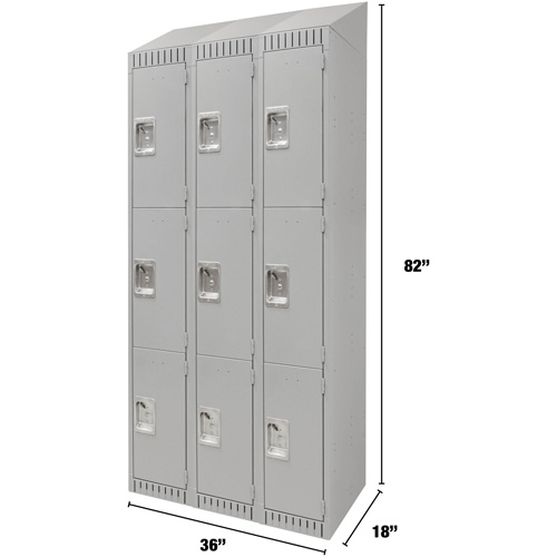 Lockers, 3 -tier, Bank of 3, 36" x 18" x 82", Steel, Grey, Knocked Down Distribution Jean Lapalme