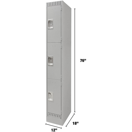 Lockers, 3 -tier, 12" x 18" x 76", Steel, Grey, Knocked Down Distribution Jean Lapalme