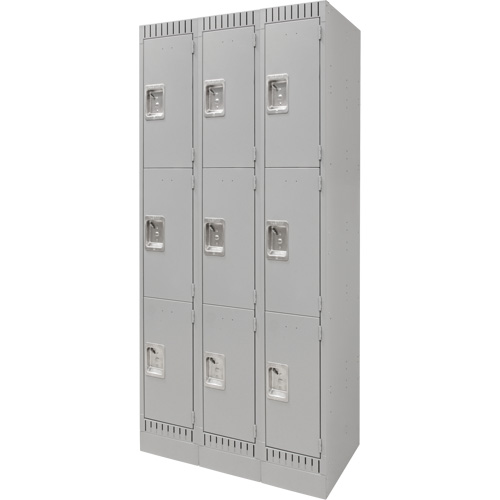 Lockers, 3 -tier, Bank of 3, 36" x 18" x 76", Steel, Grey, Knocked Down Distribution Jean Lapalme