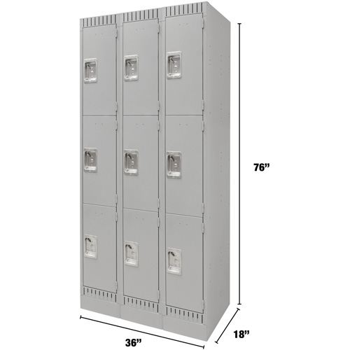 Lockers, 3 -tier, Bank of 3, 36" x 18" x 76", Steel, Grey, Knocked Down Distribution Jean Lapalme