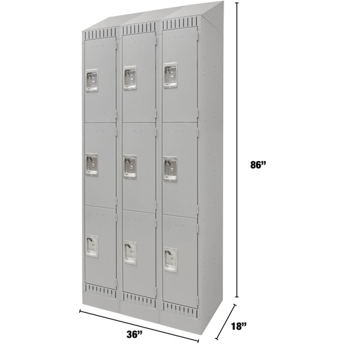 Lockers, 3 -tier, Bank of 3, 36" x 18" x 86", Steel, Grey, Knocked Down Distribution Jean Lapalme