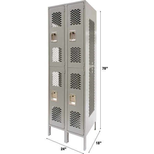 Vented Lockers, 2 -tier, Bank of 2, 24" x 18" x 78", Steel, Grey, Knocked Down, Perforated Distribution Jean Lapalme