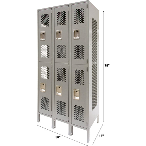 Casiers ventil&eacute;s, 2 niveaux, Bloc de 3, 36" x 18" x 78", Acier, Gris, D&eacute;mont&eacute;, Perfor&eacute; Distribution Jean Lapalme