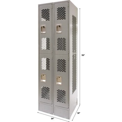Vented Lockers, 2 -tier, Bank of 2, 24" x 18" x 78", Steel, Grey, Knocked Down, Perforated Distribution Jean Lapalme