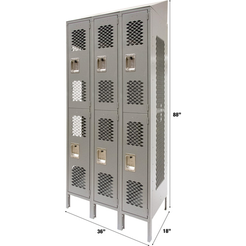 Vented Lockers, 2 -tier, Bank of 3, 36" x 18" x 88", Steel, Grey, Knocked Down, Perforated Distribution Jean Lapalme