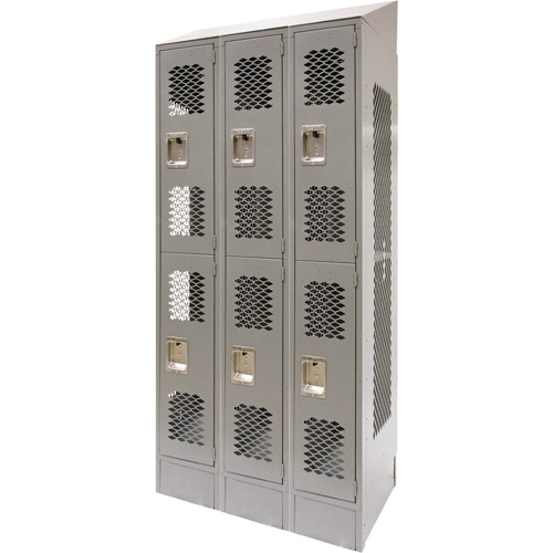 Vented Lockers, 2 -tier, Bank of 3, 36" x 18" x 88", Steel, Grey, Knocked Down, Perforated Distribution Jean Lapalme