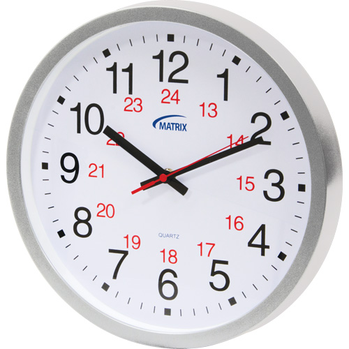 12/24 H Clock, Analog, Battery Operated, 12", Silver Distribution Jean Lapalme