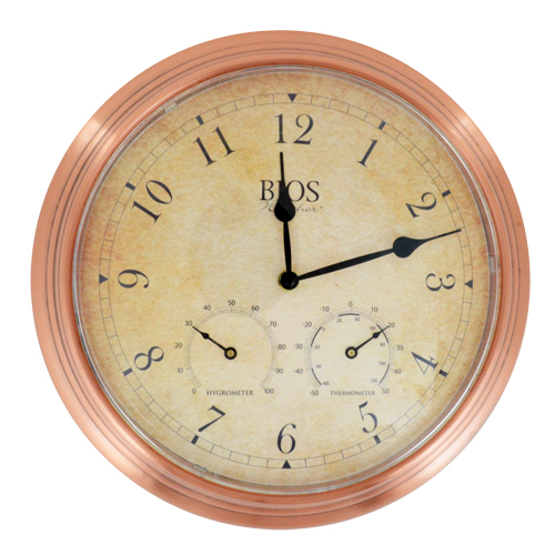 3-in-1 Outdoor Clock, Analog, Battery Operated, 14" Dia., Brown Distribution Jean Lapalme