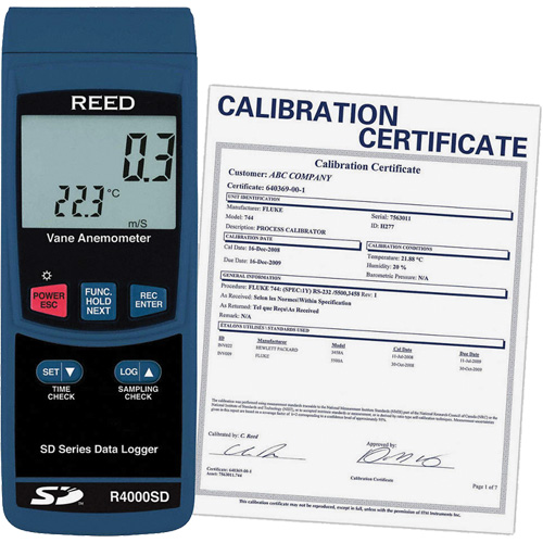 Thermo-an&eacute;mom&egrave;tre avec certificat de calibration, Enregistrement des donn&eacute;es, Gamme de v&eacute;locit&eacute; d'air de 0,4 - 30 m/sec Distribution Jean Lapalme