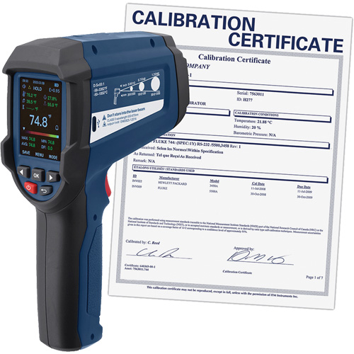 Thermom&egrave;tre infrarouge professionnel avec thermocouple de type K int&eacute;gr&eacute; et certificat d'&eacute;talonnage, -58 - 3362°F (-50 - 1850°C), 55:1, &eacute;missivit&eacute; Ajustable Distribution Jean Lapalme