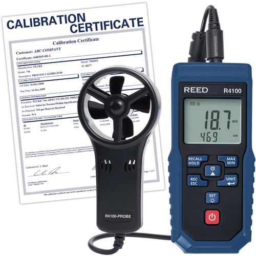 Thermo-an&eacute;mom&egrave;tre &agrave; aube R4100 avec volume d'air et certificat d'&eacute;talonnage, Enregistrement des donn&eacute;es, Gamme de v&eacute;locit&eacute; d'air de 0,4 - 30 m/sec Distribution Jean Lapalme