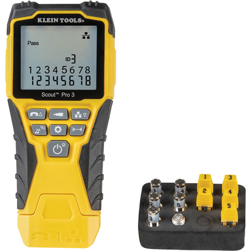 Ensemble de test de c&acirc;bles Ethernet avec testeur Scout Pro 3, t&eacute;l&eacute;commandes et adaptateur Distribution Jean Lapalme
