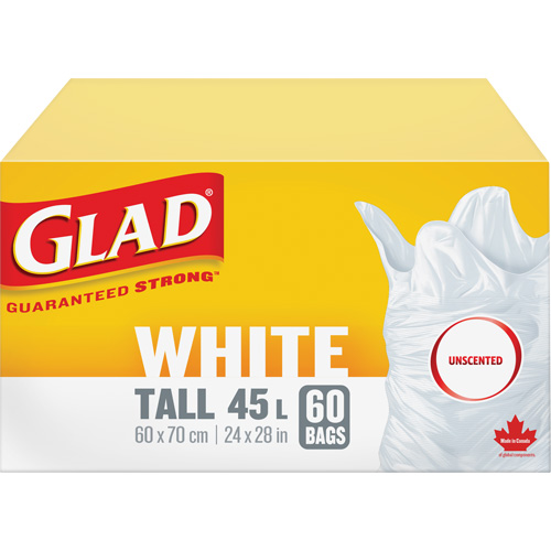 Tall 45L Unscented Garbage Bags, Regular, 24" W x 28" L, White Distribution Jean Lapalme