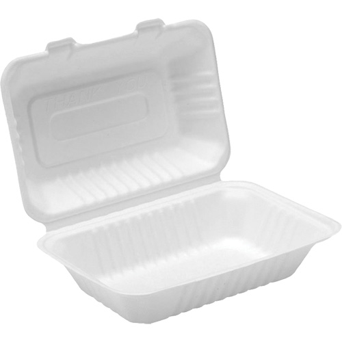 Compostable Hinged Food Containers, Bagasse, Rectangular Distribution Jean Lapalme