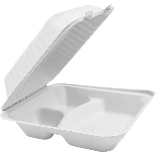 Contenants &agrave; charni&egrave;re pour nourriture compostable avec compartiments, Bagasse, Carr&eacute;e Distribution Jean Lapalme