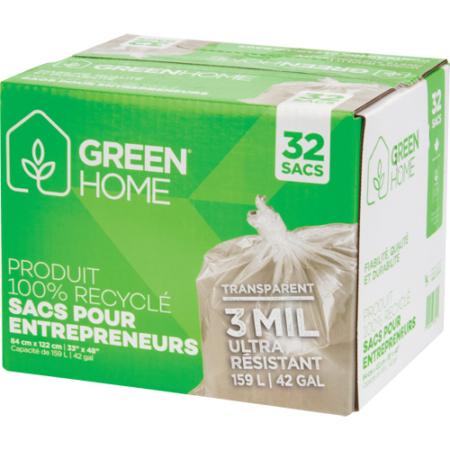 Sacs &agrave; ordures Green Home, Fort, 33" la x 48" lo, 3 mils, Transparent, Capacit&eacute; 159 L (42 gal.) Distribution Jean Lapalme
