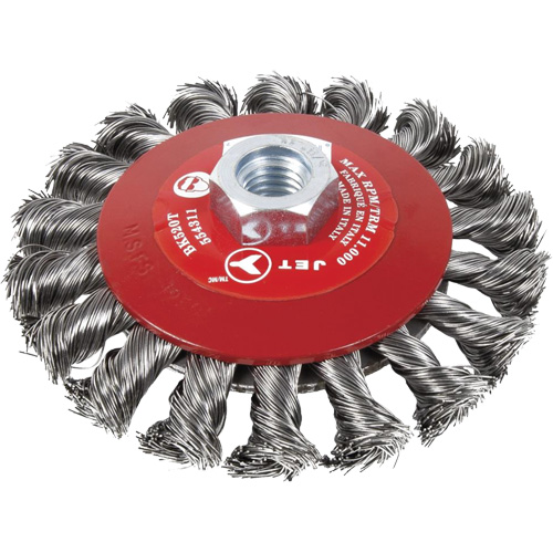 Brosse conique &agrave; fils nou&eacute;s torsad&eacute;s, Dia. 6", Fils 0,02", Arbre 5/8"-11, Acier Distribution Jean Lapalme