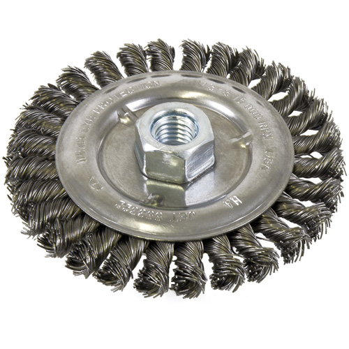 Brosse filet&eacute;e &agrave; fils nou&eacute;s et face standard, Dia. 5", Fils 0,022", Arbre 5/8"-11, Acier Distribution Jean Lapalme