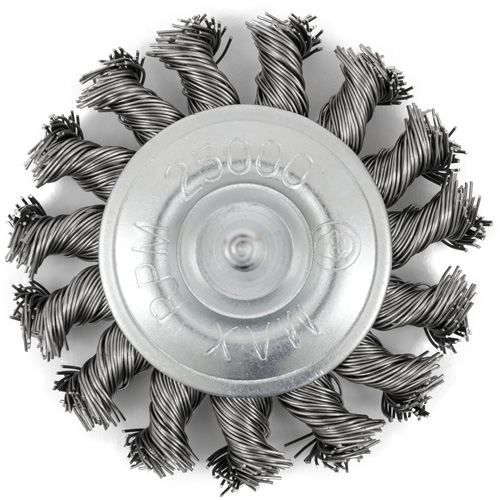 Brosse radiale &agrave; fils nou&eacute;s torsad&eacute;s mont&eacute; sur mandrin, Dia. 3", Fils 0,02", Arbre 1/4", Acier inoxydable Distribution Jean Lapalme