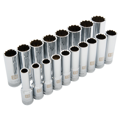 Jeu de douilles m&eacute;triques, 18 Mcx, Prise de 1/2", Profond Distribution Jean Lapalme