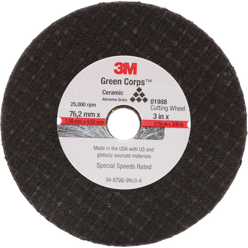 General-Purpose Cut-Off Wheel, 3" x 1/16", 3/8" Arbor, Type 27, Aluminum Oxide, 25000 RPM Distribution Jean Lapalme