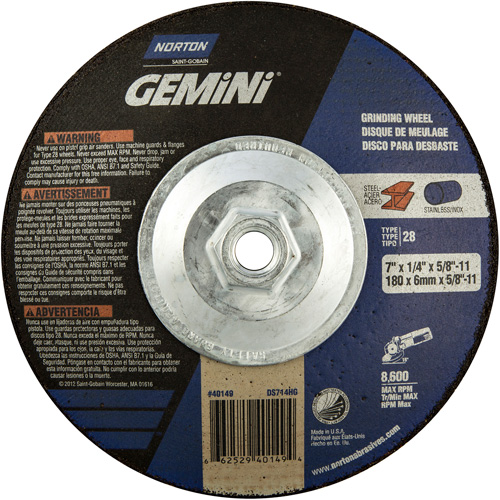 Gemini&reg; Saucer Wheel, 7" x 1/4", 5/8"-11 Arbor, Aluminum Oxide, Type 28 Distribution Jean Lapalme
