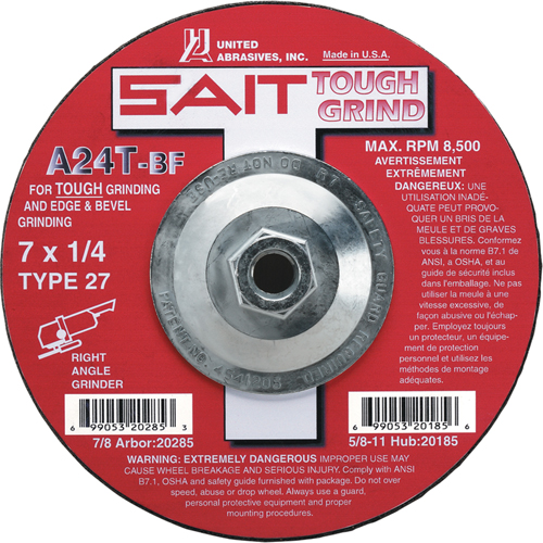 A24T Tough Grind Grinding Wheel, 4-1/2" x 1/4", 7/8" Arbor, Aluminum Oxide, Type 27 Distribution Jean Lapalme