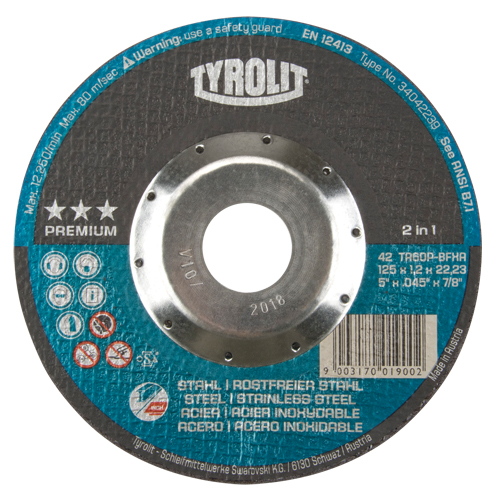 Premium 2 in 1 Thincut Cut-Off Wheel, 5" x 0.045", 7/8" Arbor, Type 27, Aluminum Oxide, 12250 RPM Distribution Jean Lapalme