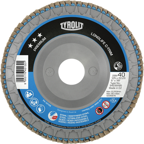 Disque &agrave; lamelles Long Life C-Trim, 5" x 7/8", Type 29, Grain 120, Zirconium Distribution Jean Lapalme