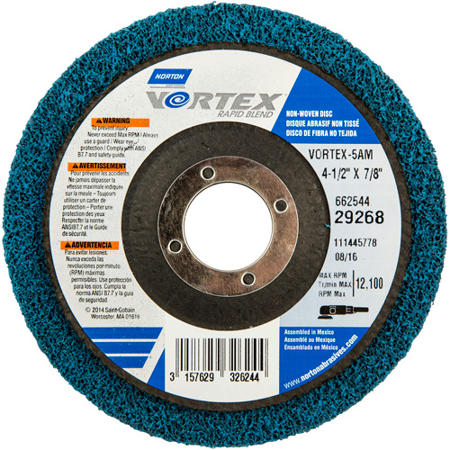 Meule non tiss&eacute;e Vortex, 4-1/2" dia. x 1/2" la, Arbre 7/8", Oxyde d'aluminium Distribution Jean Lapalme