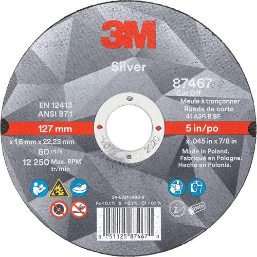 Meule &agrave; tronçonner Silver, 5" x 0,045", Arbre de 7/8", Type 1, C&eacute;ramique, 12250 Tr/min Distribution Jean Lapalme