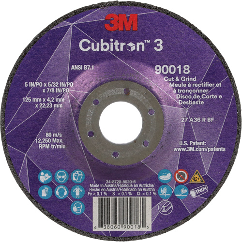 Meule &agrave; couper & tronçonner Cubitron 3, 5" x 5/32", Arbre de 7/8", Type T27, Grain de 36+, C&eacute;ramique Distribution Jean Lapalme
