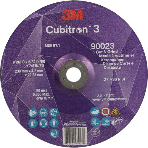 Meule &agrave; couper & tronçonner Cubitron 3, 9" x 5/32", Arbre de 7/8", Type T27, Grain de 36+, C&eacute;ramique Distribution Jean Lapalme