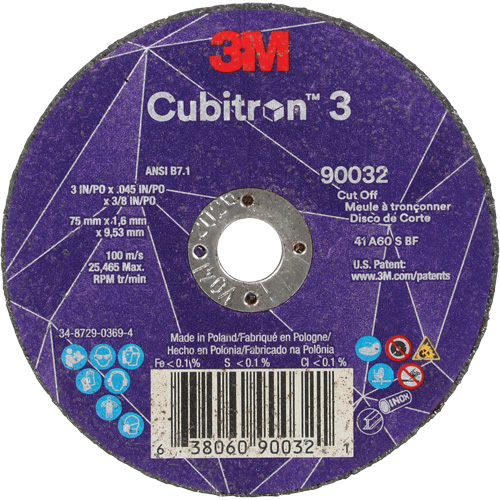 Meule &agrave; tronçonner Cubitron 3, 3" x 0,045", Arbre de 3/8", Type T1, C&eacute;ramique, 21000 Tr/min Distribution Jean Lapalme