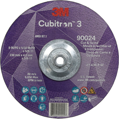 Meule &agrave; rectifier et &agrave; tronçonner Cubitron 3, 9" x 5/32", Arbre de 5/8"-11, Type 27, Grain de 36, C&eacute;ramique Distribution Jean Lapalme