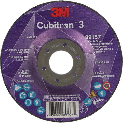 Cubitron 3 Cut and Grind Wheel, 4-1/2" x 1/8", 7/8" Arbor, Type 27, 36 Grit, Ceramic Distribution Jean Lapalme