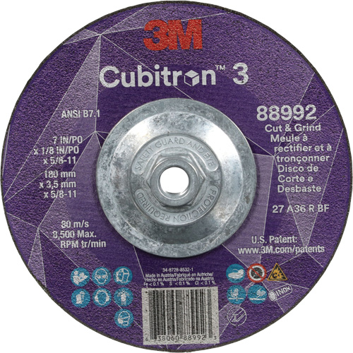 Cubitron 3 Cut and Grind Wheel, 7" x 1/8", 5/8"-11 Arbor, Type 27, 36 Grit, Ceramic Distribution Jean Lapalme
