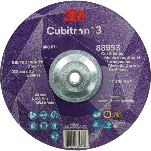 Cubitron 3 Cut and Grind Wheel, 9" x 1/8", 5/8"-11 Arbor, Type 27, 36 Grit, Ceramic Distribution Jean Lapalme