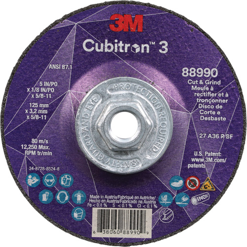 Cubitron 3 Cut and Grind Wheel, 5" x 1/8", 5/8"-11 Arbor, Type 27, 36 Grit, Ceramic Distribution Jean Lapalme