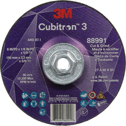 Cubitron 3 Cut and Grind Wheel, 6" x 1/8", 5/8"-11 Arbor, Type 27, 36 Grit, Ceramic Distribution Jean Lapalme