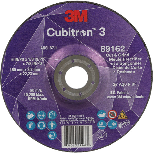 Cubitron 3 Cut and Grind Wheel, 6" x 1/8", 7/8" Arbor, Type 27, 36 Grit, Ceramic Distribution Jean Lapalme