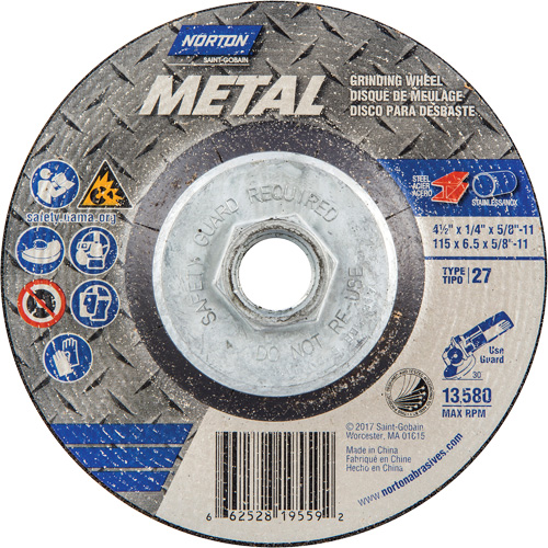 Meule pour le m&eacute;tal, 4-1/2" x 1/4", Arbre 5/8"-11, Oxyde d'aluminium, Type 27 Distribution Jean Lapalme