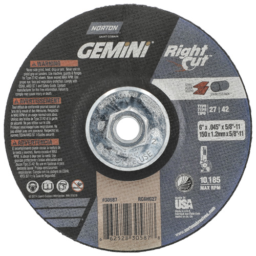 Gemini RightCut Right Angle Cut-Off Wheel, 6" x 0.045", 5/8"-11 Arbor, Type 27/42, Aluminum Oxide, 10185 RPM Distribution Jean Lapalme