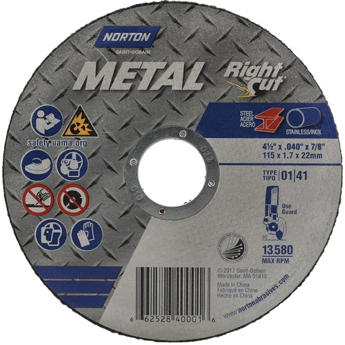 Meule &agrave; tronçonner m&eacute;tallique pour coupe &agrave; angle droit RightCut, 4-1/2" x 0,045", Arbre de 7/8", Type 01/41, Oxyde d'aluminium, 13580 Tr/min Distribution Jean Lapalme