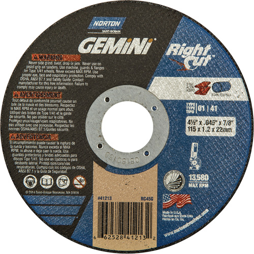 Gemini RightCut Right Angle Cut-Off Wheel, 4-1/2" x 0.045", 7/8" Arbor, Type 01/41, Aluminum Oxide, 13580 RPM Distribution Jean Lapalme