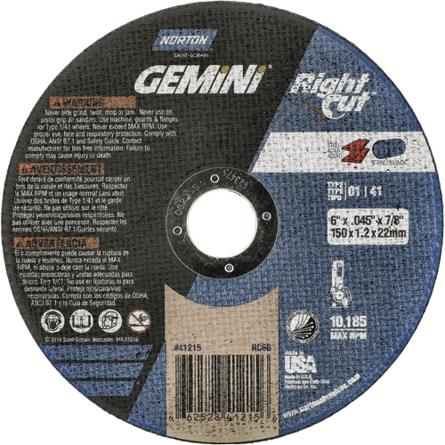 Gemini RightCut Right Angle Cut-Off Wheel, 6" x 0.045", 7/8" Arbor, Type 01/41, Aluminum Oxide, 10185 RPM Distribution Jean Lapalme