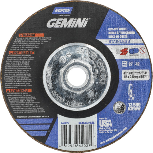 Gemini INOX/SS Right Angle Cut-Off Wheel, 4-1/2" x 3/32", 5/8"-11 Arbor, Type 27/42, Aluminum Oxide, 13580 RPM Distribution Jean Lapalme