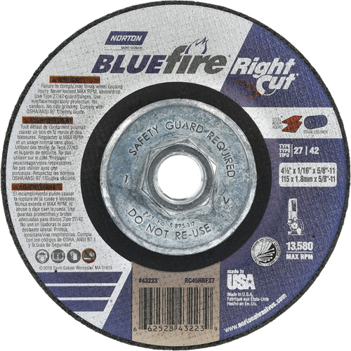 BlueFire RightCut Right Angle Cut-Off Wheel, 4-1/2" x 1/16", 5/8"-11 Arbor, Type 27/42, Aluminum Oxide, 13580 RPM Distribution Jean Lapalme